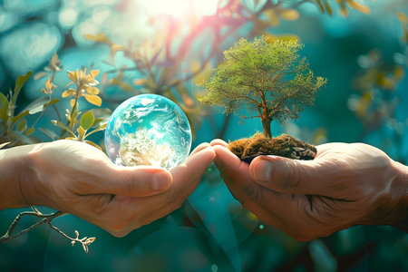 A striking visual contrast between a globe and a flourishing tree in hands, representing the delicate balance of technological progress with ecological preservation.の素材