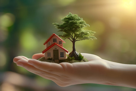 With gentle care, a hand supports both a small house and a tree, illustrating the harmony between urban living and environmental preservation.の素材