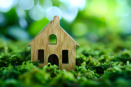 Amidst flourishing moss, the silhouette of a wooden house embodies the essence of eco-friendliness and coexistence with the natural world.の素材