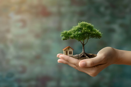 Embracing both a small house and a tree, a hand symbolizes the delicate balance between human settlement and ecological mindfulness.の素材
