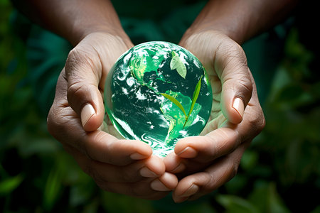 Embracing a translucent green globe embellished with a leaf, hands represent the commitment to caring for and preserving our planet's environment.の素材