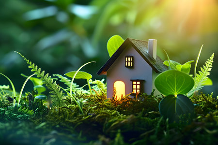 A miniature house surrounded by lush foliage and grass, bathed in a warm glow, symbolizes the concept of green, sustainable living.の素材