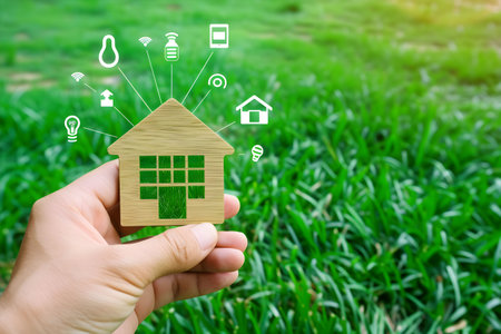 A conceptual image featuring a hand holding a wooden house icon with digital smart home symbols against a lush green grass background, illustrating the idea of eco-smart living.の素材