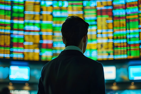 A businessman in a dark suit analyzes fluctuating stock market data on a large digital display board, representing decision-making in finance.の素材