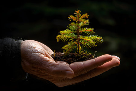 Symbolizing care and growth in horticulture, a pair of nurturing hands cradles a young sapling, its roots embedded in rich soil.の素材