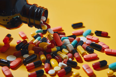 A vibrant collection of various pills and capsules spilling from a dark bottle onto a bright yellow surface, highlighting health and pharmaceutical themes.の素材