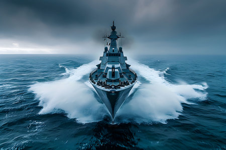 Cutting through the open sea, a sleek naval destroyer demonstrates maritime strength and modern naval engineering.の素材