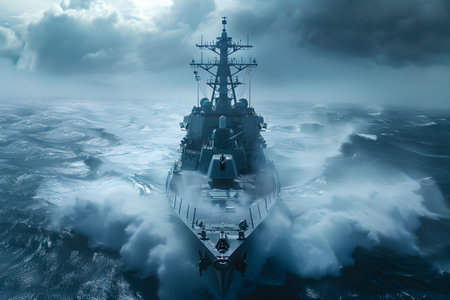 Cutting through the open sea, a sleek naval destroyer showcases maritime strength and modern naval engineering.の素材