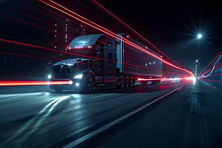 Illustrating progress and innovation, an artistic depiction features a contemporary semi-truck speeding ahead, its luminous trail slicing through the night, epitomizing the velocity, effectiveness, and futuristic outlook of logistics.の素材