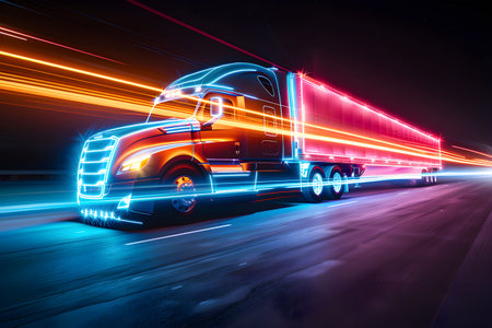In an evocative portrayal, an artist depicts a contemporary semi-truck racing through the darkness, its lights leaving trails, emblematic of the swiftness, effectiveness, and forward-thinking nature of the logistics industry.の素材