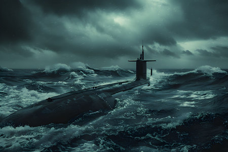 In a breathtaking scene, a submarine breaks through roiling ocean waves under the fading light of dusk, symbolizing both strength and isolation.の素材