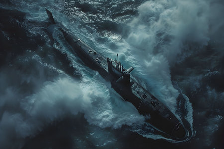 As daylight fades, a submarine emerges dramatically from turbulent ocean swells, embodying the strength and seclusion synonymous with naval endeavors.の素材