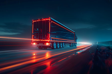 An artistic interpretation showcases a modern semi-truck in swift motion, its illuminated path cutting through the darkness, representing the velocity, productivity, and forward-looking approach of logistics in the modern era.の素材