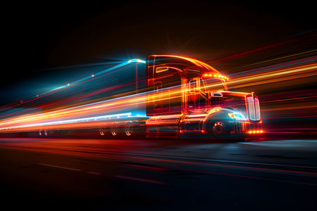 Portraying dynamism and innovation, an artistic rendition captures a modern semi-truck in motion, its lights streaking through the night, symbolizing the rapidity, efficacy, and futuristic vision of logistics.の素材
