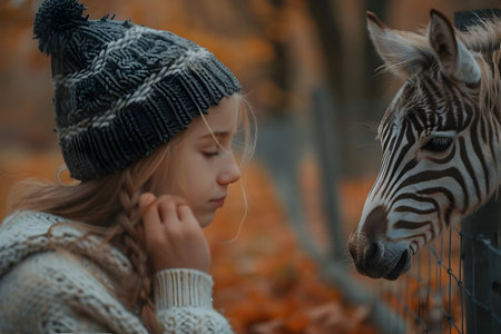 A heartwarming scene of a little girl standing next to a zebra during the autumn season, showcasing the beauty of their unexpected friendship and the wonders of natureの素材