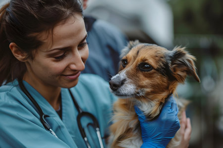 A woman and a nurse provide comfort and care to dogs in a warmly lit animal clinic, demonstrating their empathy and expertiseの素材