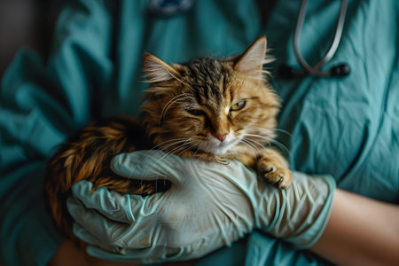 A caring veterinarian, wearing dark beige and turquoise, holds an orange cat, adorned with a surgical mask, in a clinic environment The image is styled in texture-rich layers and medicalcore themes, showcasing the professional care and hygieneの素材