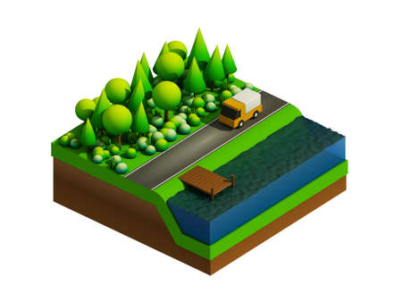 isometric city buildings landscape Road and riverの写真素材