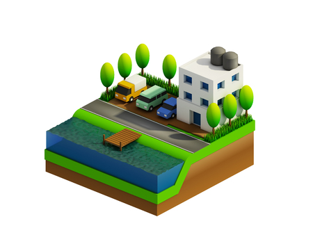 isometric city buildings landscape Road and riverの写真素材