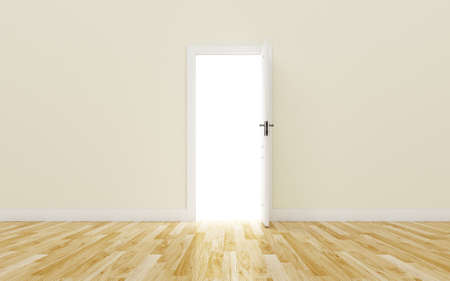 Opened White Door on brown Wall Wood Floorの写真素材