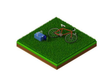 isometric blue bicycle on green grassの写真素材
