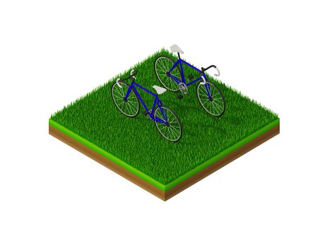 isometric blue bicycle on green grassの写真素材