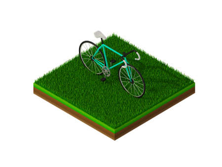 isometric blue bicycle on green grassの写真素材