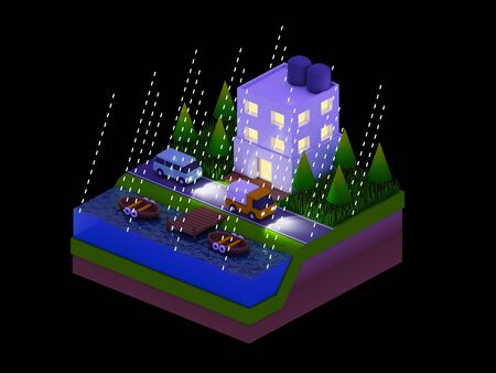 isometric city buildings, landscape, Road and river, night scene, rainingの写真素材