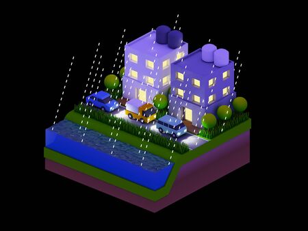 isometric city buildings, landscape, Road and river, night scene, rainingの写真素材