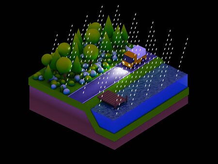isometric city buildings, landscape, Road and river, night scene, rainingの写真素材