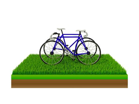 isometric green bicycle on green grassの写真素材