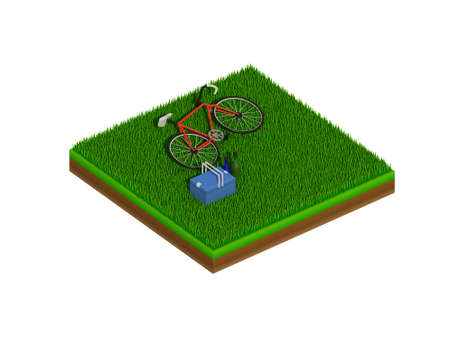 isometric green bicycle on green grassの写真素材