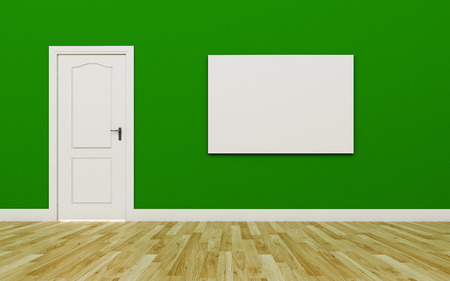 Closed White Door on Green Wall , One blank poster , Wood Floorの写真素材
