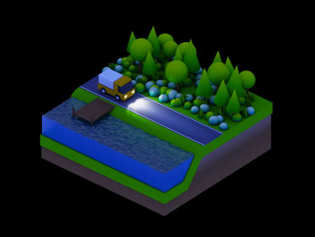 isometric city buildings, landscape, Road and river, night sceneの写真素材