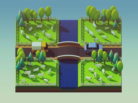 Sheep in the landscape isometric viewの写真素材