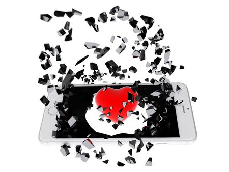 Red heart burst out of the smartphone.の写真素材