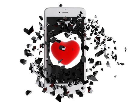 Red heart burst out of the smartphone.の写真素材