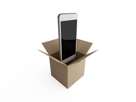 Smart phones out of the box in brown paperの写真素材