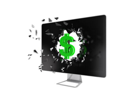 Green dollar sign destroy computer screen.の写真素材