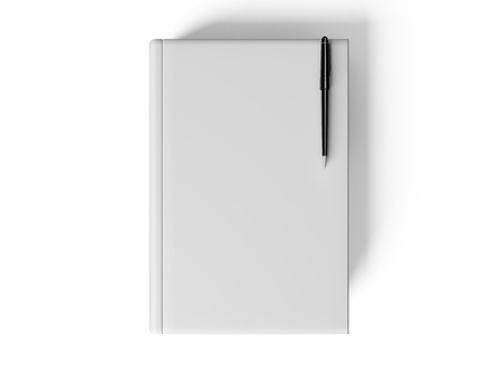 Black pen on white open book, on white background, conceptの写真素材