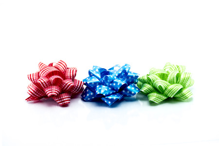 Set of ribbon satin bows isolated on white background, christmas objectsの写真素材