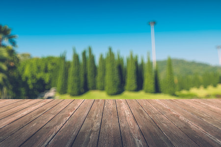 Beautiful sunlight in the autumn forest with wood planks floor, nature background, bokeh backgroundの写真素材