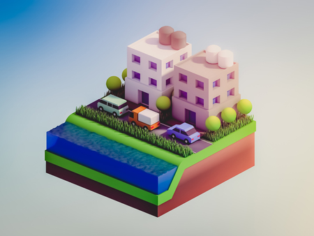 isometric city buildings, landscape, Road and river, isometric city backgroundの写真素材