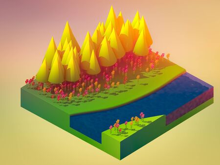 isometric nature and landscape, abstract background, isometric nature backgroundの写真素材