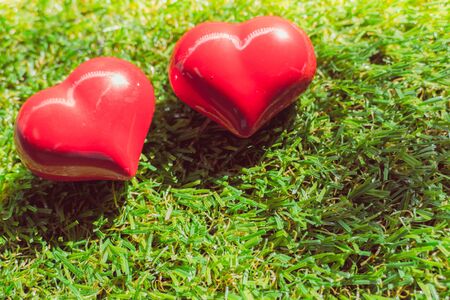 closeup of a red heart on the grass, art backgroundの写真素材