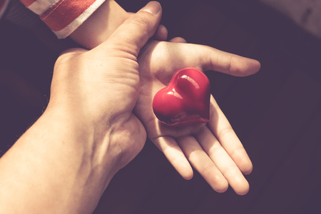 Red Heart in a gift box, in the hands of a girl. valentine backgroundの写真素材