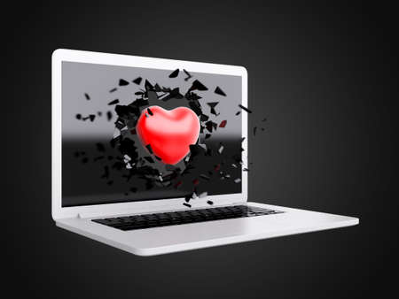red Heart destroy laptop, technology background, art background