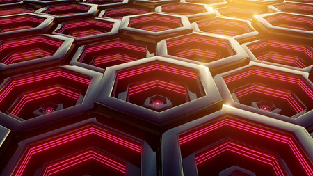Black blue and orange hexagons background. Modern background. 3d illustration.の写真素材
