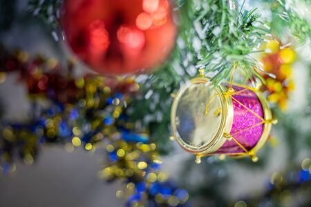 Close-up of a Christmas tree decorated. Holiday Christmas and new year wallpaper.の写真素材