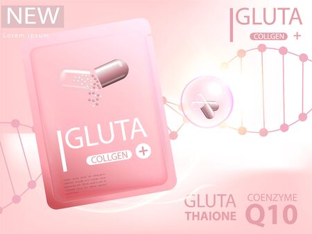 Pink glutathione pack with capsule and the third ingredient can be separated. On a light pink background.のイラスト素材